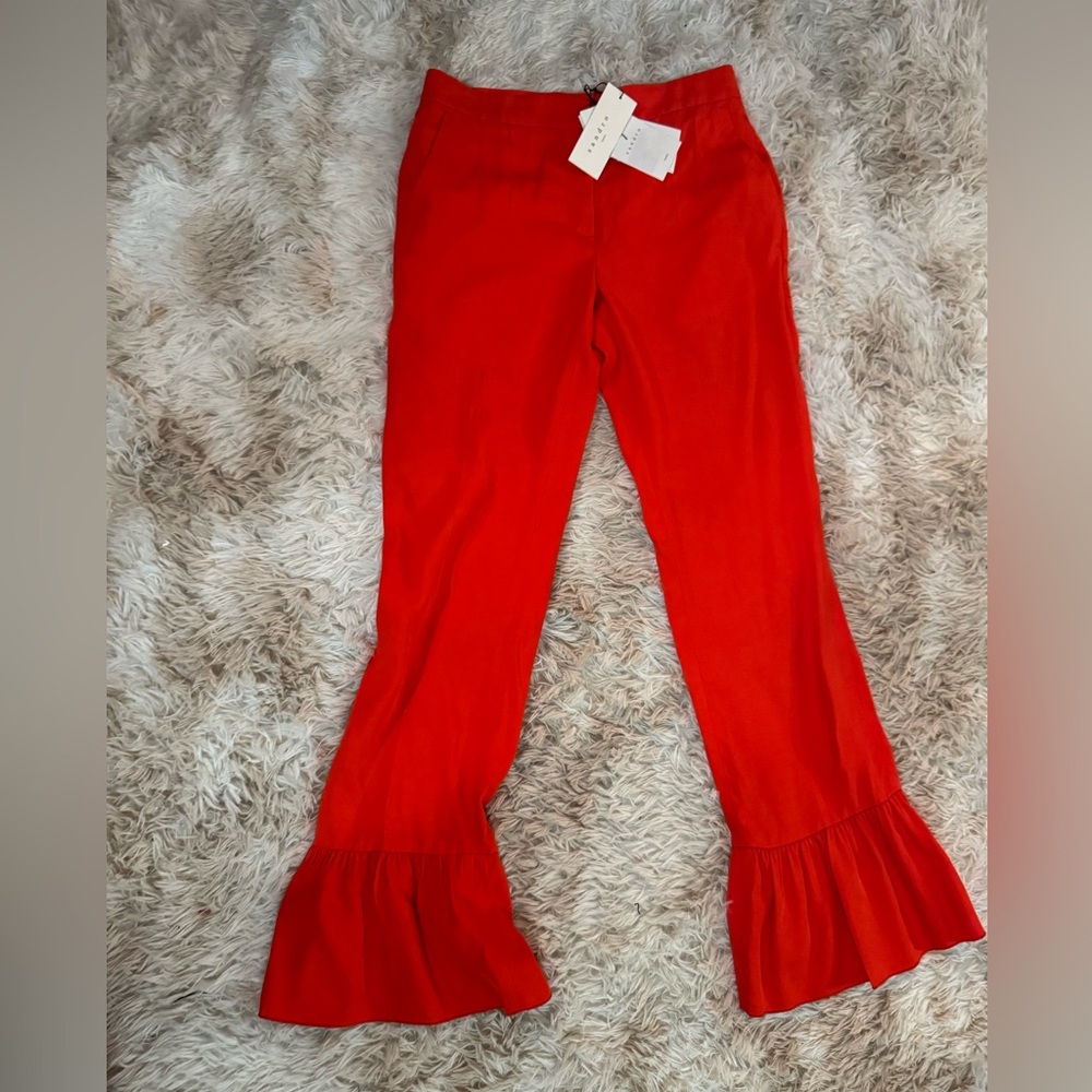 Sandro Red Ruffle-Hem Capri Pants